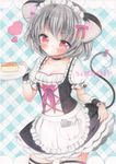  alternate_costume animal_ears blush breasts enmaided grey_hair heart highres maid maid_headdress mouse mouse_ears mouse_tail mugicha_(mugicha0929) nazrin red_eyes sample short_hair small_breasts solo striped tail thighhighs touhou traditional_media watercolor_(medium) wrist_cuffs zettai_ryouiki 