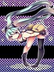  belt bent_over bikini_top checkered checkered_background fingerless_gloves floating_hair gloves green_eyes green_hair hatsune_miku long_hair pako_(moto_paco) pigeon-toed solo thighhighs twintails very_long_hair vocaloid 