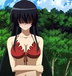  1girl akame akame_ga_kill! bare_shoulders black_hair bra breasts cleavage frills highres long_hair medium_breasts red_bra screencap solo standing stitched swimsuit underwear 