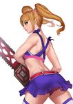  back blonde_hair chainsaw cheerleader crop_top dog_hate_burger from_behind green_eyes juliet_starling lollipop_chainsaw long_hair looking_back midriff miniskirt scrunchie skirt skirt_lift solo thighhighs twintails 