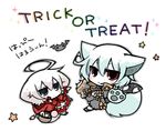  ahoge alternate_costume angeltype animal_ears bat blue_eyes chibi dog_ears fang halloween inu_sakuya izayoi_sakuya kemonomimi_mode multiple_girls red_eyes remilia_scarlet short_hair smile tail touhou translated trick_or_treat white_hair wolf_ears wolf_paws wolf_tail 