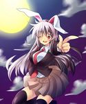  animal_ears black_legwear blazer breasts bunny_ears full_moon jacket large_breasts lavender_hair long_hair looking_at_viewer moon one_eye_closed open_mouth red_eyes reisen_udongein_inaba skirt solo thighhighs touhou zettai_ryouiki 
