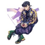  black_hair can denim2 green_eyes higashikata_jousuke highres jacket jojo_no_kimyou_na_bouken male_focus pants pompadour shoes sneakers soda_can solo track_jacket track_pants track_suit 