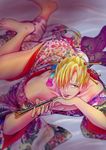  alternate_costume barefoot blonde_hair blue_eyes crossdressing facial_hair floral_print goatee hair_ornament hair_over_one_eye japanese_clothes lying male male_focus on_stomach one_piece pipe riria sanji smoking_pipe solo 