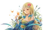  blonde_hair breasts bubble bug butterfly cleavage detached_sleeves flower grass hair_flower hair_ornament hair_ribbon insect japanese_clothes lolita_fashion long_hair medium_breasts original plant reeds ribbon smile solo tidsean wa_lolita yellow_eyes 