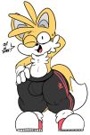  anthro bulge canine clothing dialogue elchilenito footwear fox male mammal miles_prower shoes solo sonic_(series) yoga_pants 