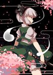  black_hairband hairband holding katana konpaku_youmu konpaku_youmu_(ghost) petals short_hair silver_eyes silver_hair sketch solo sword touhou weapon wind yetworldview_kaze 