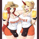  alcohol apron beer beer_mug blonde_hair bracelet braid breasts cleavage clothes_writing cowboy_hat cowboy_shot cup earrings employee_uniform error grin hat holding holding_cup hong_meiling hooters horn hoshiguma_yuugi jewelry large_breasts leaning_on_person long_hair multiple_girls name_tag neko_majin no_legwear pointy_ears ponytail red_eyes red_hair scrunchie short_shorts shorts smile tank_top touhou twin_braids typo uniform waist_apron waitress 