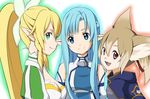  animal_ears asuna_(sao) asuna_(sao-alo) blonde_hair blue_eyes blue_hair brown_hair cat_ears green_eyes kurihara_mao leafa long_hair multiple_girls pointy_ears ponytail red_eyes short_hair silica silica_(sao-alo) smile sword_art_online twintails 