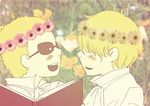  2boys blonde_hair book brothers corazon donquixote_doflamingo donquixote_rocinante flower hair_over_eyes honeydrop616 multiple_boys one_piece shirt siblings sunglasses white_shirt wreath younger 