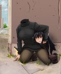  black_hair blush boots breasts character_request corner disembodied_head drawfag dress dullahan green_eyes hiding highres kneeling large_breasts monster_girl pants pointy_ears solo sweater sweater_dress turtleneck 