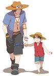  2boys belt brothers freckles hand_holding hat monkey_d_luffy multiple_boys one_piece portgas_d_ace shorts siblings straw_hat time_paradox topless vest walking 
