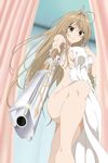  amagi_brilliant_park antenna_hair bath blush breasts brown_eyes brown_hair covering gun highres large_breasts legs long_hair looking_at_viewer musket nude nude_cover qq_(906680615) sento_isuzu solo standing thighs towel weapon yellow_eyes 