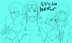  4boys armor beard black_sclera blue_background crossed_arms edo_tensei facial_hair forehead_protector headband hokage konohagakure_symbol laughing looking_at_viewer male_focus multiple_boys namikaze_minato namikaze_minato_(edo_tensei) naruto naruto_shippuuden ninja old_man sarutobi_hiruzen sarutobi_hiruzen_(edo_tensei) senju_hashirama senju_hashirama_(edo_tensei) senju_tobirama senju_tobirama_(edo_tensei) spiked_hair sweat translation_request turtleneck yunicoco_(coco-demmy) 