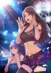  2girls :o amumu bare_shoulders black_legwear blue_hair bracelet breasts brown_hair caitlyn_(league_of_legends) cleavage cropped_jacket cutoffs glint hands_together instant_ip jewelry large_breasts league_of_legends long_hair midriff multiple_girls music navel open_mouth purple_eyes seoul seoul_world_cup_stadium shorts singing skirt sona_buvelle south_korea stadium stomach tank_top thighhighs twintails wristband 