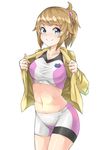  bike_shorts blue_eyes brown_hair gundam gundam_build_fighters gundam_build_fighters_try highres hoshino_fumina jacket kanabun midriff navel open_clothes open_jacket solo sports_bra white_background 