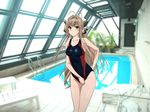  1girl ahoge amagi_brilliant_park antenna_hair blush breasts brown_eyes brown_hair competition_swimsuit hair_ribbon highres large_breasts long_hair one-piece_swimsuit open_mouth ponytail pool poolside rei_no_pool ribbon sento_isuzu shiny shiny_skin solo standing swimsuit thighs water yellow_eyes 