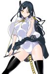  black_hair black_legwear clothes_around_waist contrapposto covered_navel hair_ornament hairclip jacket_around_waist katana kujouin_iruka long_hair one-piece_swimsuit open_clothes ribbon school_swimsuit school_uniform sidelocks simple_background solo standing swimsuit swimsuit_under_clothes sword thighhighs weapon white_background white_school_swimsuit white_swimsuit yasuda_suzuhito yellow_eyes yozakura_quartet 