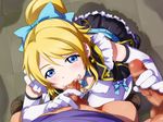 1girl 2boys ayase_eli blonde_hair blue_eyes blush breasts censored earrings elbow_gloves fellatio gloves hair_ribbon handjob highres jewelry long_hair looking_at_viewer looking_at_viewr love_live!_school_idol_project medium_breasts multiple_boys oral penis ponytail ribbon same shoes skirt solo_focus squatting standing threesome white_legwear 