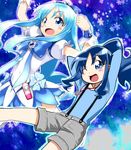  ;d arms_behind_head blue_eyes blue_hair casual cure_marine dual_persona grey_shorts heartcatch_precure! jewelry kurose_kousuke kurumi_erika long_sleeves magical_girl necklace one_eye_closed open_mouth ponytail precure shorts smile suspenders tiara 