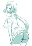  ass blush breasts gundam gundam_build_fighters iori_rinko large_breasts long_hair looking_at_viewer mature mitarashi_kousei mole mole_above_mouth monochrome open_mouth ponytail ribbed_sweater simple_background sketch solo sweater turtleneck 