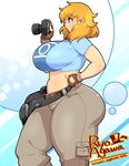  agawa_ryou artist_name ass belt blonde_hair breasts camera eyebrows fingerless_gloves freckles glasses gloves hand_on_hip huge_breasts midriff plump short_hair solo thick_eyebrows thick_thighs thighs 