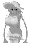  1girl bare_shoulders breasts curvy dress female goshiro_collection hat highres huge_breasts long_hair long_twintails monochrome moralgear original oshiro_collection oshiro_project simple_background solo standing sundress twintails very_long_hair white_background 