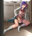  apron bad_id bad_pixiv_id fate/stay_night fate_(series) hair_ribbon homurahara_academy_uniform legs long_hair matou_sakura no_shoes purple_eyes purple_hair ribbon school_uniform shijima_(tanfn) 