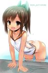  :d ass blush bottomless brown_eyes brown_hair collarbone highres i-401_(kantai_collection) kantai_collection naked_shirt no_panties one-piece_tan open_mouth partially_submerged ponytail sailor_collar sen_(astronomy) shirt smile solo swimsuit swimsuit_under_clothes tan tanline twitter_username 