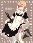  1boy blonde_hair crossdressing dress eyeshield_21 gun hiruma_youichi maid sharp_teeth weapon 