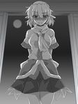  arms_behind_back blush breasts downcast_eyes full_moon greyscale md5_mismatch medium_breasts mizuhashi_parsee monochrome moon ootsuki_wataru pointy_ears scarf short_hair skirt solo standing touhou window 