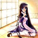  absurdres apron black_hair blue_eyes clouble frills highres long_hair looking_at_viewer maid mary_janes original pantyhose shoes sitting solo very_long_hair wariza 