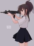  brown_eyes brown_hair gun highres imi_uzi kokudou_juunigou long_hair original ponytail school_uniform shirt skirt solo submachine_gun weapon 