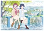  black_hair blue_eyes boots brown_hair cardigan dress fashion fish folded_hair hair_rings higashiji_kazuki ishii_yuriko jellyfish jpeg_artifacts long_hair mukaido_manaka multiple_girls nagi_no_asukara non-web_source official_art shiodome_miuna tree twintails waving 