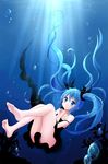  barefoot black_dress blue_eyes blue_hair bubble dress feet floating_hair hatsune_miku highres long_hair shinkai_shoujo_(vocaloid) snowmi soles solo strap_slip twintails underwater very_long_hair vocaloid 