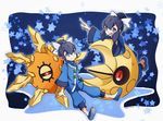  1girl blue_eyes blue_hair brother_and_sister chinese_clothes fuu_(pokemon) gen_3_pokemon hacko hair_ornament lunatone open_mouth pointing pokemon pokemon_(creature) pokemon_(game) pokemon_oras ran_(pokemon) siblings sitting smile solrock star twins 