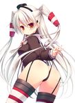  amatsukaze_(kantai_collection) ass blush garter_straps highres izumiyuhina kantai_collection long_hair panties red_eyes side-tie_panties silver_hair solo striped striped_legwear thighhighs thong two_side_up underwear untied untied_panties very_long_hair white_background 