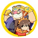  1girl ashley ashley_(warioware) black_hair facial_hair fat fat_man flexing gloves goggles grin helmet muscle mustache nintendo paruparu05 pose smile super_mario_bros. teeth twintails vest wario warioware 