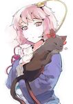  :3 carrying cat hair_ornament heart heart_hair_ornament kaenbyou_rin kaenbyou_rin_(cat) komeiji_satori long_sleeves looking_at_viewer nekomata petting pink_eyes pink_hair shirt sinzan third_eye touhou upper_body wide_sleeves 