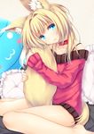  animal_ears bare_legs blonde_hair blue_eyes collar collarbone fang_out fox_ears fox_tail frilled_pillow frills head_tilt long_hair looking_at_viewer original pillow rayn sitting smile solo tail tail_hug wariza 