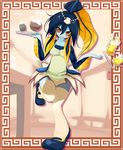  1girl alcohol apron blue_skin blush bowl cup female fish_girl mary_janes minette_(skullgirls) monster_girl mug multicolored_eyes open_mouth pink_eyes rice scales shell shoes skullgirls solo thighhighs waitress wavy_mouth white_legwear white_thighhighs yae_(snosui7) yellow_sclera 
