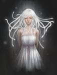  arms_behind_back bare_shoulders black_background closed_eyes dress highres jason_peng lips long_hair monogatari_(series) nose realistic red_eyes sengoku_nadeko sleeveless snake_hair solo white_dress white_hair 