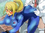  1boy 1girl ass back bent_over blonde_hair blue_eyes blush boris_(noborhys) breasts clothed_sex doctor dr._mario erect_nipples from_above gloves large_breasts mario mario_(series) metroid mole necktie nintendo pants_down ponytail samus_aran sex stethoscope super_mario_bros. super_smash_bros. tie vaginal zero_suit 