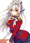  aiguillette alternate_hair_color amagi_brilliant_park blush bow breasts coat gun hair_bow henet_hene impossible_clothes large_breasts long_hair military military_uniform ponytail red_coat rifle sento_isuzu silver_hair skirt solo uniform weapon white_background yellow_eyes 