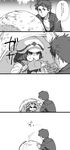  1girl 4koma :t :| bad_id bad_pixiv_id basket bone borrowed_character boss_(ole_tower) cabbie_hat chibi closed_mouth comic eating food food_on_face gradient greyscale hat hiding holding looking_at_another meat monochrome motion_lines muraosa_(conjecture) ole_tower open_clothes open_shirt outdoors red_cross shirt short_hair sitting sketch speech_bubble translation_request tree 