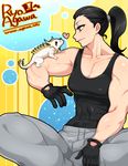  abs agawa_ryou animal animal_on_shoulder black_gloves black_hair blue_eyes borrowed_character breasts cleavage commentary_request gloves heart lizard long_hair looking_at_another medium_breasts muscle muscular_female original pants ponytail sitting skin_tight solo sweatpants tank_top 