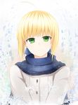  ahoge artoria_pendragon_(all) blonde_hair blue_scarf coat fate/stay_night fate_(series) green_eyes hair_ribbon highres long_sleeves looking_at_viewer ribbon saber scarf smile solo xiaodi 