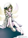  blonde_hair blush bow commentary_request dress drill_hair fairy_wings flustered full_body hair_bow hair_tousle hat looking_at_viewer luna_child mob_cap namauni open_mouth shoes short_hair single_shoe sitting sleeves_rolled_up solo touhou twintails white_dress wings 