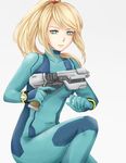  blonde_hair blue_eyes bodysuit bracelet breasts gun handgun highres holding holding_gun holding_weapon igyouhime jewelry long_hair medium_breasts metroid mole mole_under_mouth ponytail samus_aran scrunchie skin_tight solo trigger_discipline weapon zero_suit 