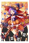  :d ahoge bad_id bad_pixiv_id broom broom_riding cape cat colored_stripes cross fang gradient_hair hair_ornament hairclip halloween hat holding jack-o'-lantern looking_at_viewer multicolored_hair open_mouth original purple_eyes riding shoes short_hair smile solo striped striped_legwear thighhighs wand witch_hat yuzu-aki zettai_ryouiki 